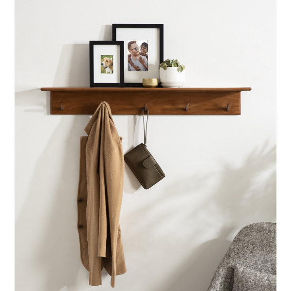Shea Poplar Solid Wood Floating Shelf with Hooks & Reviews Joss & Main